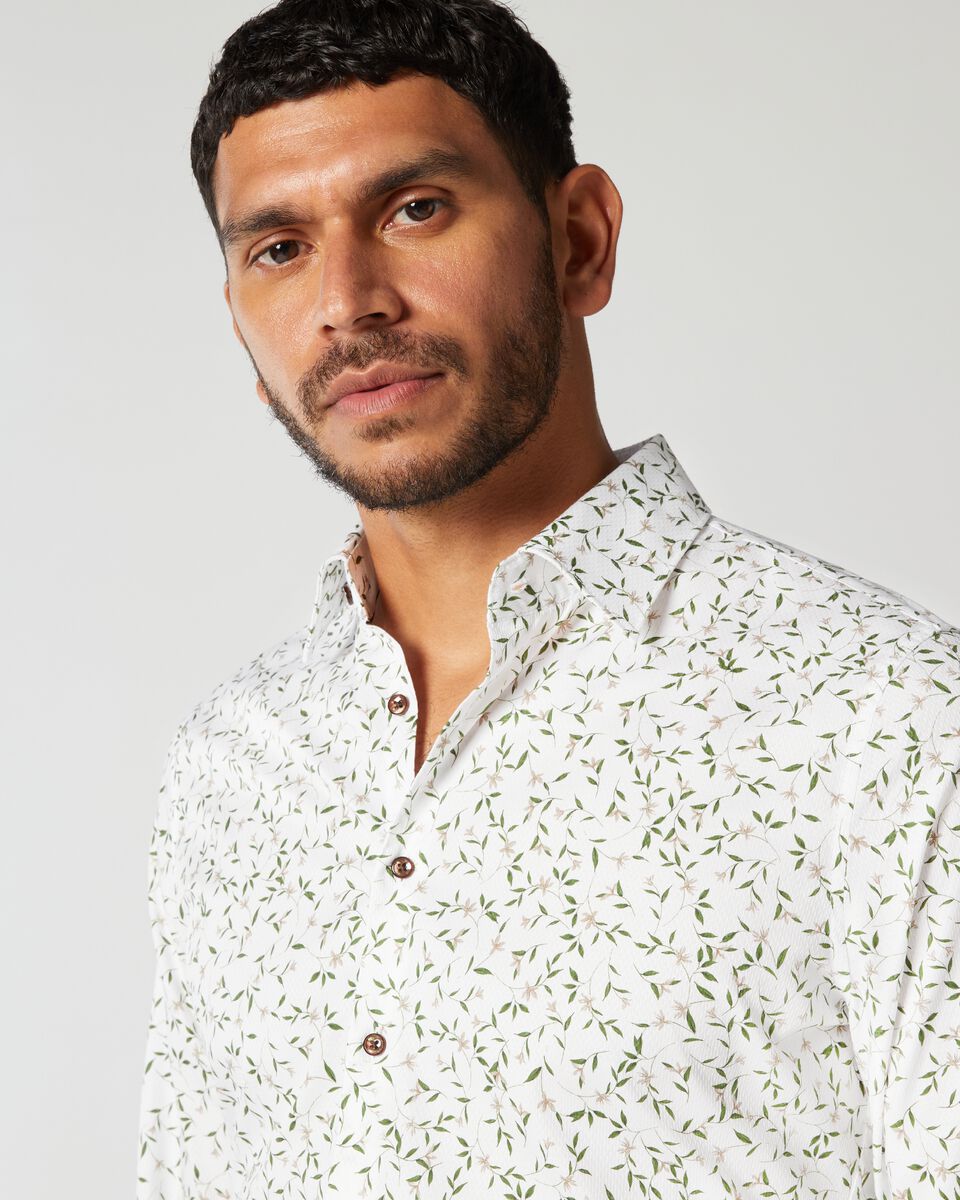 White/Olive Slim Long Sleeve Floral Shirt